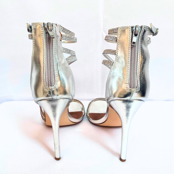 Steve Madden 9M Silver Sparkly Strappy Heels | Rhinestone Stilettos 4.5" - Picture 3 of 10